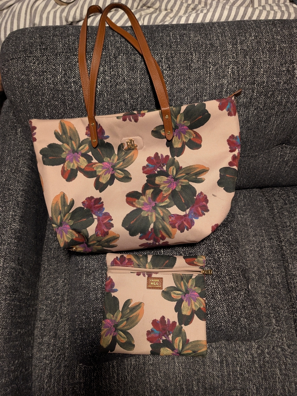 Lauren Ralph Lauren Floral Tote Bag w/ Matching Zipper Pouch